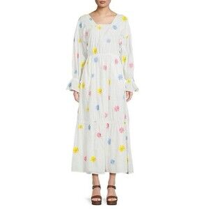 Something Navy Embroidered Tiered‎ Long Sleeve Lined Maxi Dress Rainbow M